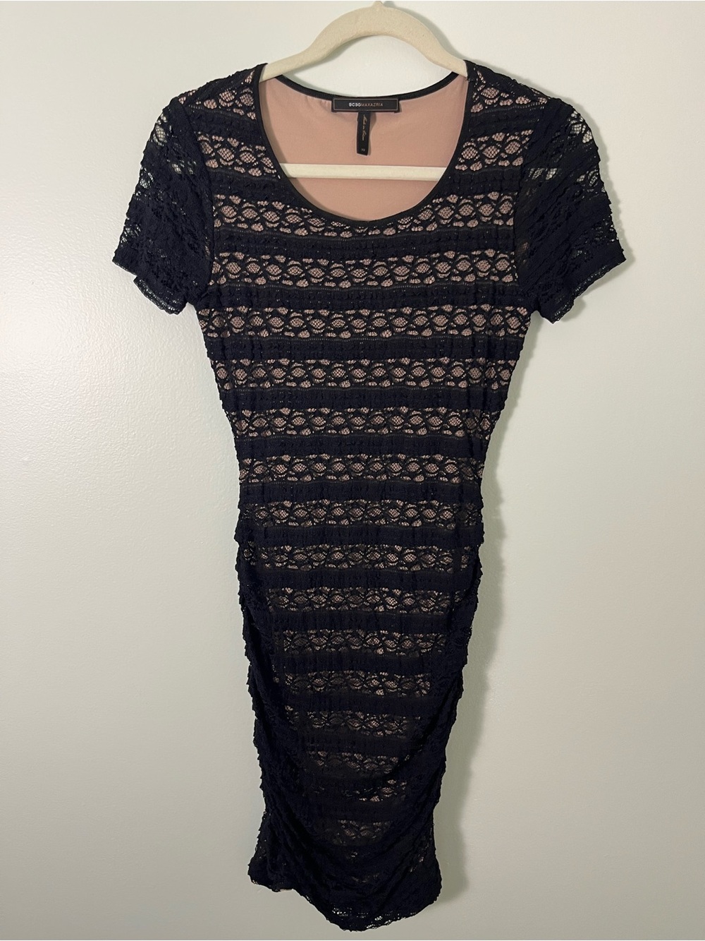 BCBGMaxAzria Black Lace Midi Dress with Nude Underlay